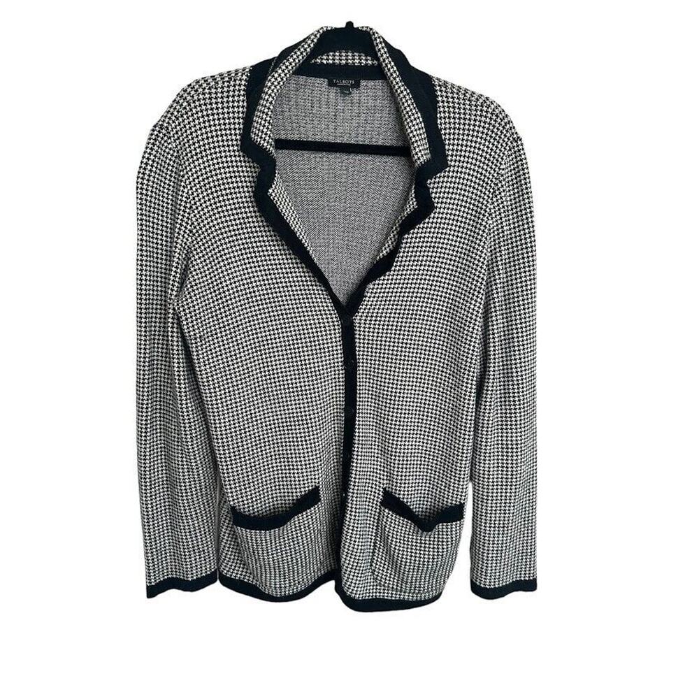 Talbots Sweater Black White Houndstooth Button Up Cardigan Angora Size 1X Petite